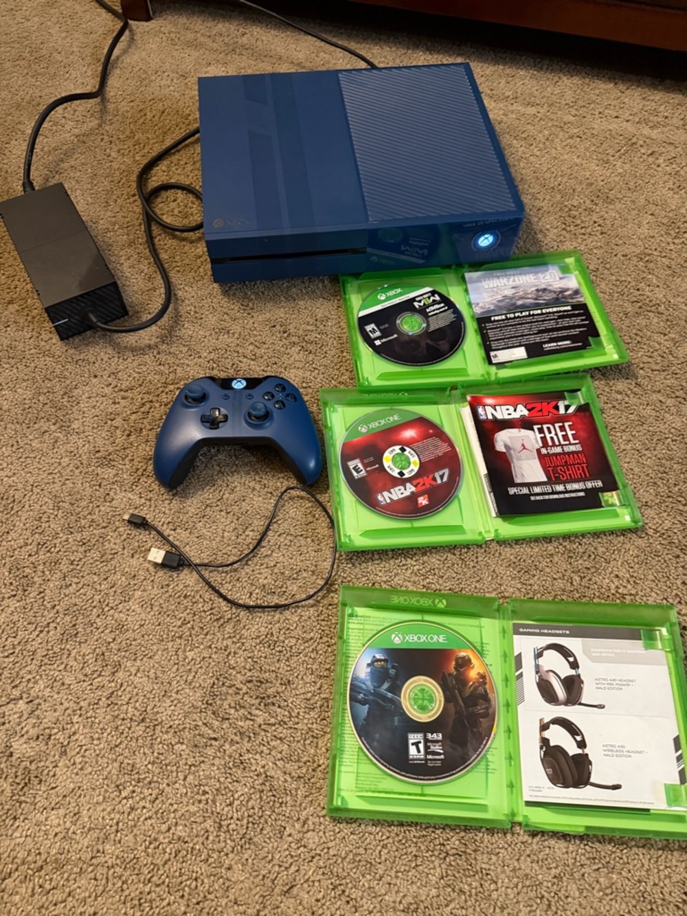 Microsoft Xbox One Console in Blue with Matching Controller and Games